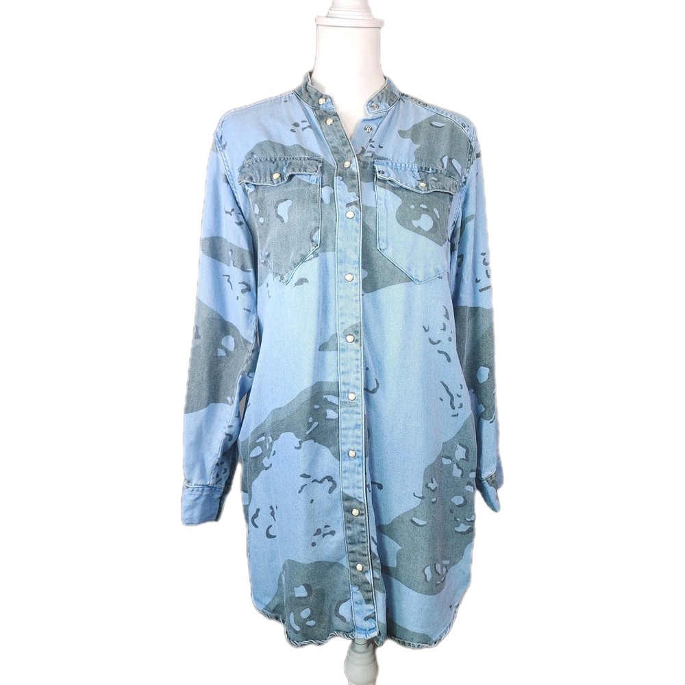 AllSaints‎ Kat Camo Denim Dress Womens 4 Blue Lyocell Shirt Military Soft Boho